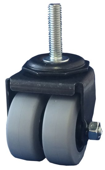 (image for) Caster; Dual Wheel; Swivel; 2" x 7/8" (x2); Thermoplastized Rubber (Gray); Threaded Stem (3/8-16TPI x 1-1/2); Black Rig; Plain bore; 180# (Item #65738)