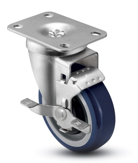 (image for) Caster; Swivel; 3" x 1-1/4"; PolyU on PolyO (Blue); Plate (2-5/8"x3-3/4"; holes: 1-3/4"x2-3/4" slots to 3"; 5/16" bolt); Prec Ball Brng; 250#; Dust Cover; Brake (Item #64657)