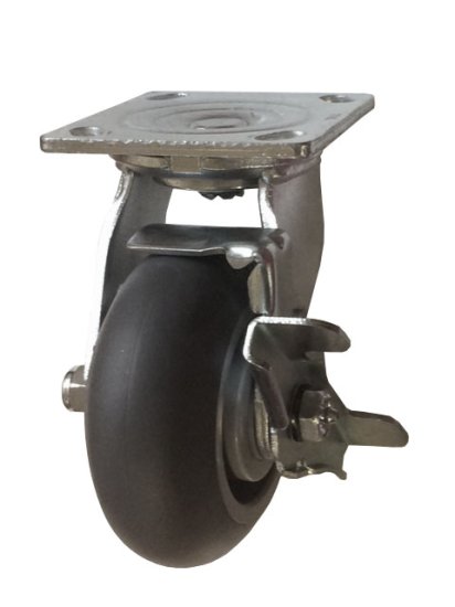 (image for) Caster; Swivel; 8" x 2"; ThermoPlastic Rubber Donut; Plate (4"x4-1/2"; holes: 2-5/8"x3-5/8" slots to 3"x3"); Stainless Yoke and Roller Brng; 600#; Brake (Item #63497)