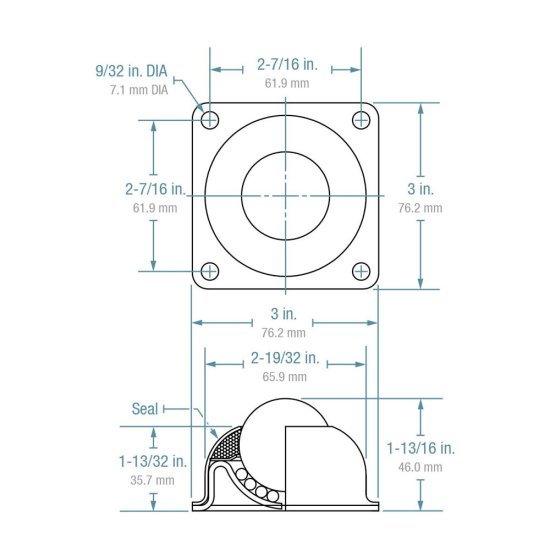 (image for) Ball Transfer; 1-1/2" Ball; Nylon; Flange: 3"x3"; 4-hole spacing: 2-7/16"x2-7/16"; 1/4" bolt; Stainless Steel; 125#; 1-13/16" load height (Item #89451)