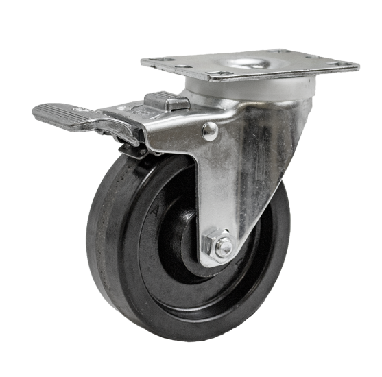 (image for) Caster; Swivel; 4" x 1-1/4"; Phenolic; Plate (2-1/2"x3-5/8"; holes: 1-3/4"x2-7/8" slotted to 3"; 5/16" bolt); Steel Spanner; 350#; Dust Cover (Mtl); Total Lock (Item #64126)