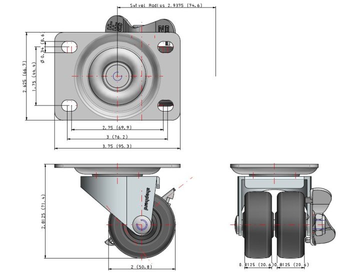 (image for) Caster; Dual Wheel; Swivel; 2" x 7/8" (x2); Soft Rubber (non-marking); Plate (2-5/8"x3-3/4"; holes: 1-3/4"x2-3/4" slotted to 3"; 5/16" bolt); 180#; Brake (Item #65184)