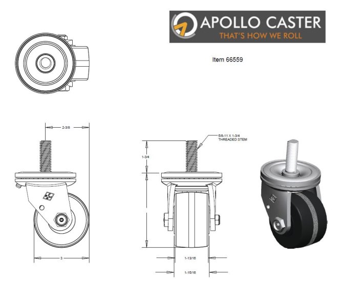 (image for) Caster; Swivel; 3" x 1-3/4"; Phenolic; Threaded Stem (5/8"-11TPI x 1-3/4"); Zinc; Roller Brng; 1000# (Item #66559)