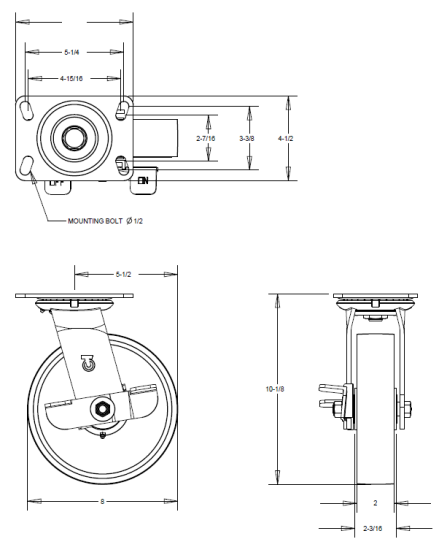 (image for) Caster; Swivel; 8" x 2"; PolyU (Crowned) on Cast (Blue); Plate (4-1/2"x6-1/4"; holes: 2-7/16"x4-15/16" slotted; 1/2" bolt); Roller Bearing; 1500#; Cam Brake (Item #64508)