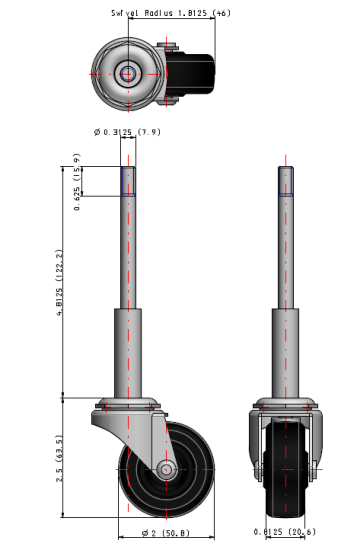 (image for) Ladder Caster; Swivel; 2" x 13/16"; Rubber (Soft; non-marking); Stem (5/16" x 4-13/16"; thread length 5/8"); Zinc; Plain bore; 80#. Spring not included. (Item #64719)