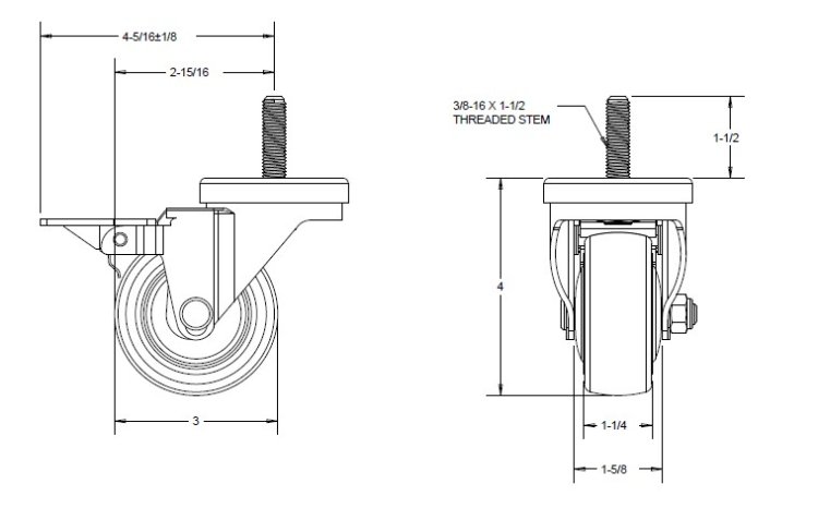 (image for) Caster; Swivel; 3 x 1-1/4; Thermoplastized Rubber (Gray); Threaded Stem (3/8-16TPI x 1-1/2); Zinc; Ball Brng; 210#; Pedal Brake; Thread guards (Item #66644)