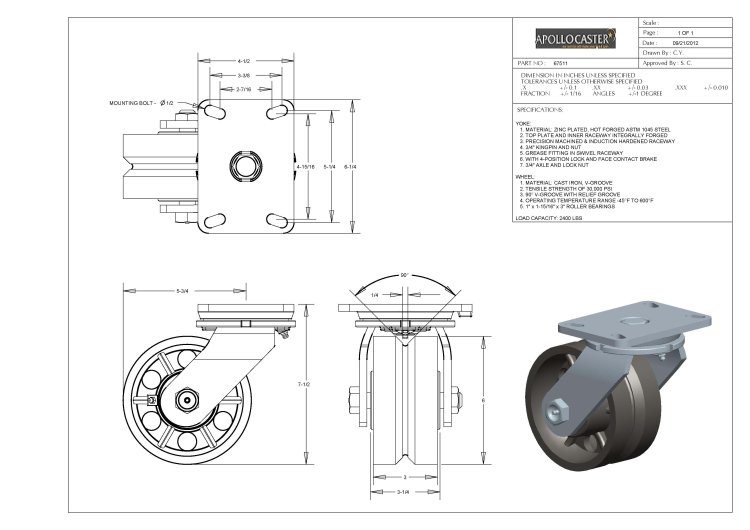 (image for) Caster; Swivel; 6" x 3"; V-Groove (7/8) Cast Iron; Plate (4-1/2"x6-1/4"; holes: 2-7/16"x4-15/16" slotted to 3-3/8"x5-1/4"; 1/2" bolt); Zinc; Roller Brng; 2400# (Item #66466)