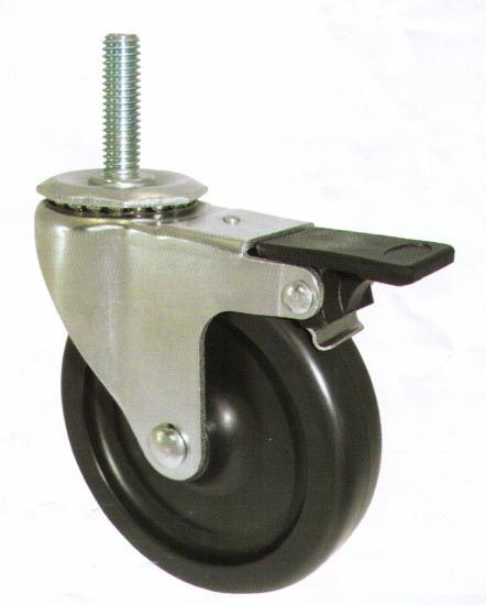 (image for) Caster; Swivel; 3" x 13/16"; Polyolefin; Threaded Stem (3/8"-16TPI x 1-1/2"); Zinc; Plain bore; 110#; Pedal Brake (Item #66658)