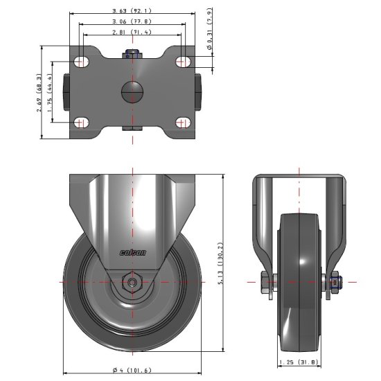 (image for) Caster; Rigid; 4" x 1-1/4"; Performa Rubber (Gray); Plate (2-11/16"x3-5/8": holes: 1-3/4"x2-13/16" (slot to 3-1/16"); 5/16" bolt); Zinc; Ball Brng; 250#; TG Mtl (Item #63659)