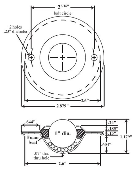 (image for) Ball Transfer; 1"; Stainless Steel ball; Flange; Round (2-7/8" diameter: two holes: 2-3/16" apart); Stainless Housing; 125# (Item #88081)