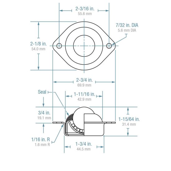 (image for) Ball Transfer; Low Profile; 1" Nylon ball; Flange (2-1/8"x2-3/4": two holes: 2-3/16" apart); Steel housing; 75#; Low 3/4" inch profile (Item #88806)