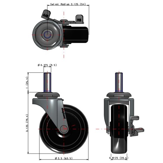 (image for) Caster; Swivel; 2-1/2 x 13/16; Rubber (Hard); Threaded Stem (3/8-16TPI x 1); Zinc; Plain bore; 95#; Side friction brake (Item #66744)