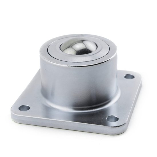 (image for) Ball Transfer; 1-3/16" Ball; Stainless Steel ball and housing; Flange: 3"x3"; holes: 2-7/16"x2-7/16"; 1/4" bolt; 750#; 2" load height; Steel Support Cup; (Item #87740)