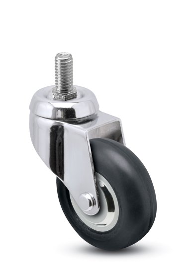 (image for) Caster; Swivel; 3" x 13/16"; Thermoplastized Rubber (Black); Threaded Stem (1/2"-13TPI x 1-1/2"); Chrome; Precision Ball Brng; 110#; Thread guards (Item #64885)