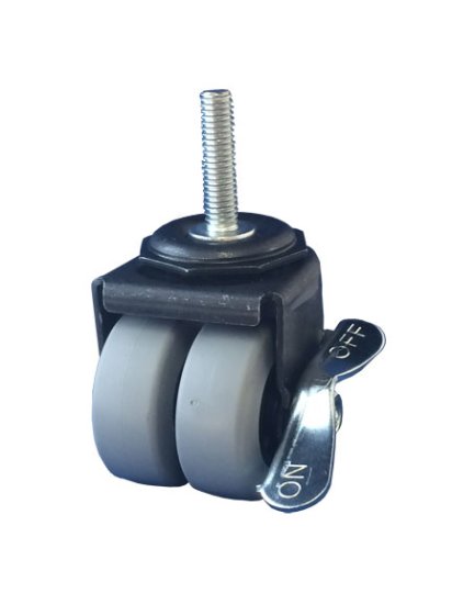 (image for) Caster; Dual Wheel; Swivel; 2" x 7/8" (x2); Thermoplastized Rubber (Gray); Threaded Stem (3/8"-16TPI x 1-1/2"); Black Rig; Plain bore; 180#; Side brake (Item #65737)