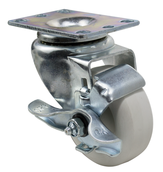 (image for) Caster; Swivel; 5" x 1-1/4"; White Crowned Polyolefin; Plate (2-3/8"x3-5/8"; holes: 1-3/4"x2-7/8" slotted to 3"; 5/16" bolt); Spanner; 350#; Tread brake (Item #66308)