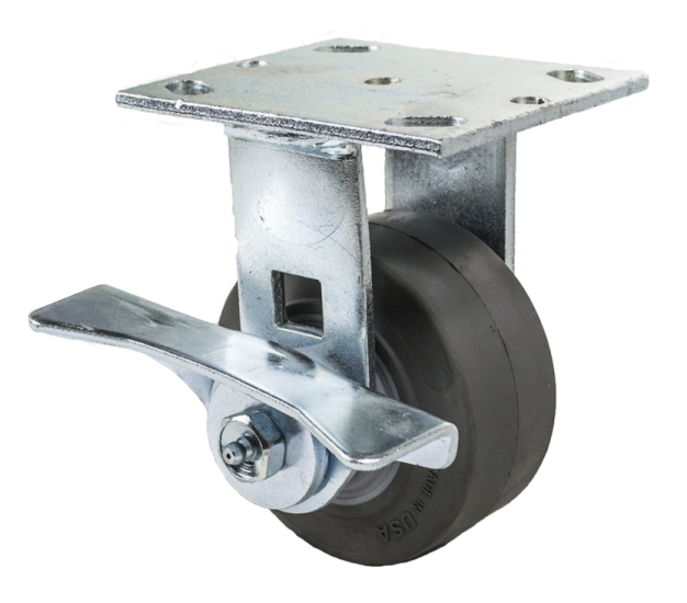 (image for) Caster; Rigid; 4" x 2"; Thermoplastized Rubber (Gray); Plate (4"x4-1/2"; holes: 2-5/8"x3-5/8" slotted to 3"x3"; 3/8" bolt); Zinc; Roller Brng; 300#; Cam Brake (Item #64731)