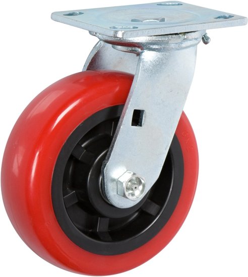 (image for) Caster; Swivel; 4" x 2"; 95A PolyU on PolyO (red); Plate; 4"x4-1/2"; holes: 2-5/8"x3-5/8" (slots to 3"x3"); 3/8" bolt; Zinc; Roller Brng; 500# (Item #67605)