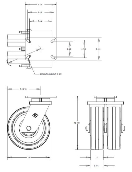 (image for) Caster; Swivel; 10" x Dual 3"; Phenolic; Plate (5-1/4"x7-1/4"; holes: 3-3/8"x5-1/4" slots to 4-1/8"x6-1/8"; 1/2" bolt); Roller Brng; 5800#; Kingpinless (Item #64362)