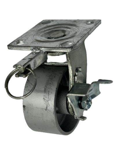 (image for) Caster; Swivel; 4 x 2; Cast Iron; Plate; 4x4-1/2; holes: 2-5/8x3-5/8 (slotted to 3x3); 3/8 bolt; Zinc; Roller Brng; 700#; Pos Lock; Wheel brake (Item #67553)