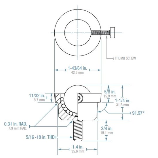 (image for) Ball Transfer; 1" Nylon ball; Round Machined base with Threaded Stud; 5/16"-18TPI x 3/4"; Black steel housing; 1-11/16" O.D.; 200#; 5/8" load height; Lockable (Item #88251)