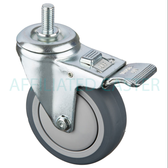 (image for) Caster; Swivel; 4" x 1-1/4"; PolyU on PolyO (Gray); Threaded Stem (5/8"-11TPI x 1-3/4"); Zinc; Prec Ball Brngs; 350#; Dust Cover (Mtl); Total Lock (Trailing) (Item #63631)