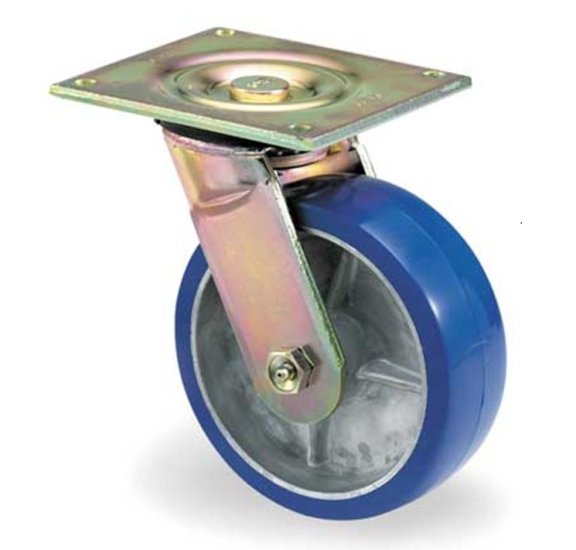 (image for) Caster; Swivel; 6" x 2"; PolyU on Alum; Plate (4-1/2"x6-1/4"; holes: 2-7/16"x4-15/16" slots to 3-3/8"x5-1/4"; 1/2" bolt); Zinc; Roller Brng; 1200#; Warranty (Item #63362)