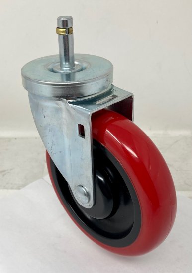 (image for) Caster; Swivel; 5" x 1-1/4"; PolyU on PolyO (Red); Grip Ring (7/16" x 1-3/8"); Zinc; Ball Brng; 300#; Brake (Item #64353)