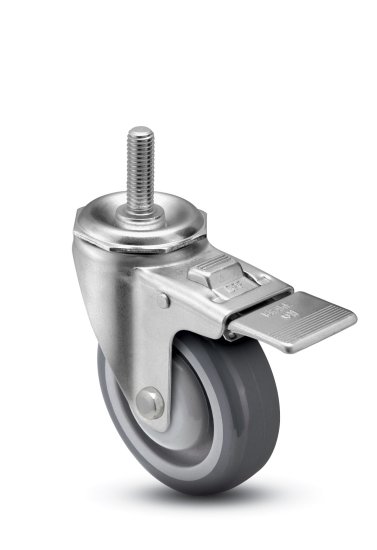 (image for) Caster; Swivel; 4" x 1-1/4"; PolyU on PolyO (Gray); Stem (1/2"-13TPI x 1-1/2"); Prec Ball Bearing; 300#; Dust Cover (Mtl); Bearing Cover; Total Lock Brake (Item #64923)