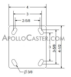 (image for) Caster; Rigid; 6" x 2"; Steel; Plate (4"x4-1/2"; holes: 2-5/8"x3-5/8" slots to 3"x3"; 3/8" bolt); Zinc; Roller Brng; 1250#; Hi-temp (all metal components) (Item #67640)