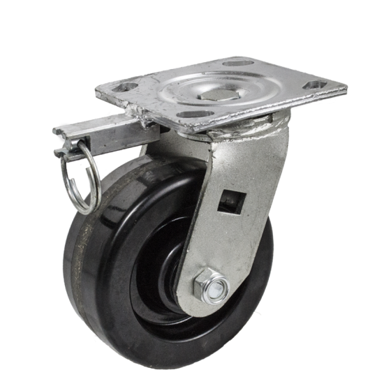 (image for) Caster; Swivel; 6" x 3"; Phenolic; Plate (5-1/4"x7-1/4"; holes: 3-3/8"x5-1/4" slots to 4-1/8"x6-1/8"; 1/2" bolt); Zinc; Tapered Rlr Brng; 2000#; Position Lock (Item #63594)