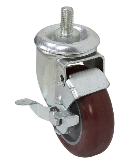 (image for) Caster; Swivel; 4" x 1-1/4"; PolyU on PolyO (Red); Threaded Stem (1/2"-13TPI x 1-1/2"); Zinc; Delrin Spanner; 300#; Tread brake (Item #66373)