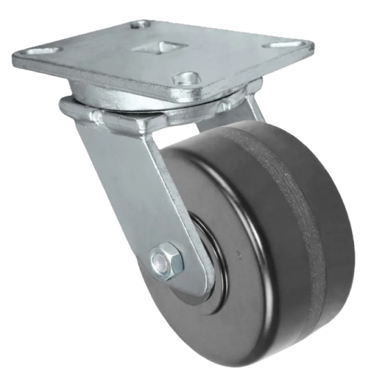 (image for) Caster; Swivel; 10" x 2-1/2"; Phenolic; Plate (4-1/2"x6-1/4"; holes: 2-7/16"x4-15/16" slotted to 3-3/8"x5-1/4"; 1/2" bolt); Zinc; Roller Brng; 2200# (Item #63013)