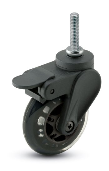 (image for) Caster; Swivel; 3" x 15/16"; Black Polyurethane (Donut); Threaded Stem (5/16" x 1"); Black Yoke; Precision Ball Brng; 120#; Pedal Wheel Brake (Item #63211)