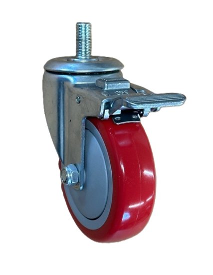 (image for) Caster; Swivel; 4" x 1-1/4"; PolyU on PolyO (Red/ Gray); Threaded Stem (3/8"-16TPI x 1"); Zinc; Precision Ball Brng; 300#; Total Lock; Thread guards (Item #64914)