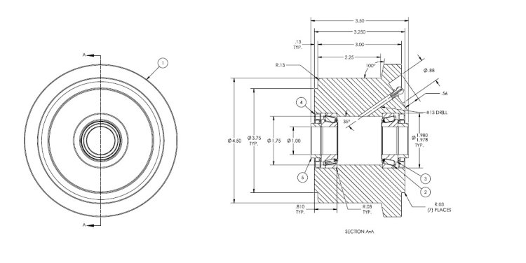 (image for) Wheel; Cast & Steel; Single Flange; 4-1/2" x 2-1/4" (5-1/2" x 3" w/ flange); Prec Tapered Brng; 5000#; 1" Bore; 3-1/2" Hub Length (Item #89628)