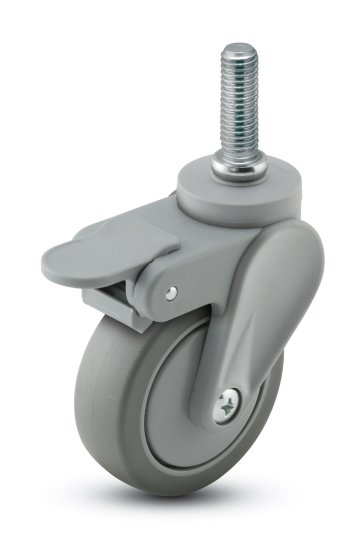 (image for) Caster; Swivel; 3" x 15/16"; PolyU on PolyO (Gray); Threaded Stem; 5/16"-18TPI x 1"; Gray GFN; Delrin Brng; 120#; Thread Guards; Pedal Brake (Item #63271)