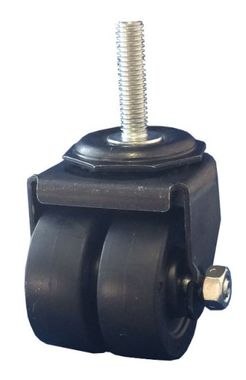 (image for) Caster; Dual Wheel; Swivel; 2" x 7/8" (x2); Polyolefin; Threaded Stem (3/8"-16TPI x 1-1/2"); Black Rig; Plain bore; 225# (Item #65732)