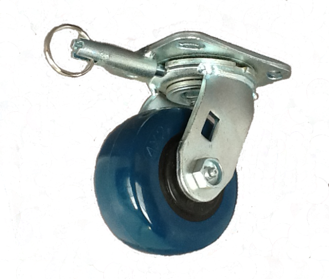 (image for) Caster; Swivel; 8" x 2"; PolyU on PolyO (Blue); Plate; 4"x4-1/2"; holes: 2-5/8"x3-5/8" slots to 3"x3"; 3/8" bolt; Zinc; Roller Brng; 800#; Position Lock (Item #66018)