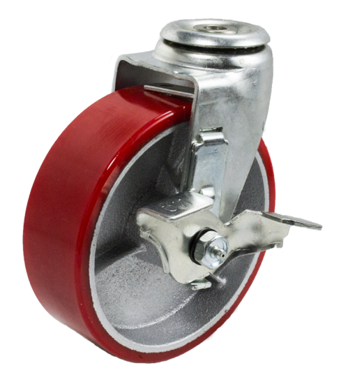 (image for) Caster; Swivel; 6" x 2"; PolyU on Cast Iron (Usu Red or Green); Hollow Kingpin (1/2" bolt hole); Zinc; Roller Brng; 400#; Tread brake (Item #64199)