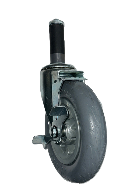 Caster; Swivel; 6" x 1-1/4"; Foam-Filled Flat Free Tire (Gray); Expandable Adapter (Round for 1" - 1-1/16" ID tubing); Zinc; Ball Brng; 150#; Tread brake (Item #64255)