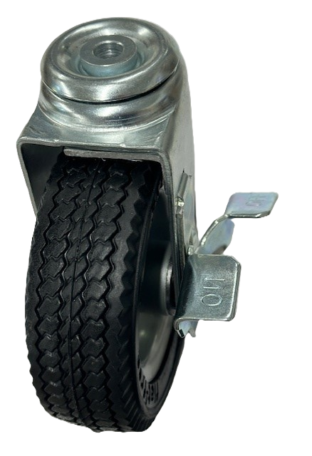 Caster; Swivel; 6" x 2"; Foam-Filled Flat Free Tire (Black); Hollow Kingpin (1/2" bolt hole); Prec Ball Brng; 275#; Sawtooth Tread; Premium Hub; Wheel Brake (Item #64945)