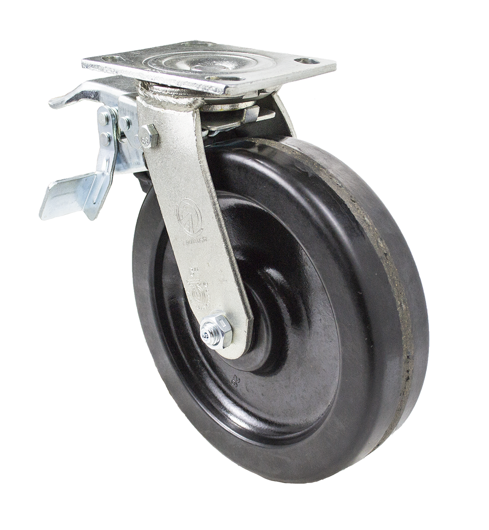 Caster; Swivel; 4" x 2"; Phenolic; Plate; 4"x4-1/2"; holes: 2-5/8"x3-5/8" (slotted to 3"x3"); 3/8" bolt; Zinc; Roller Brng; 800#; Total Lock (Leading) (Item #67958)