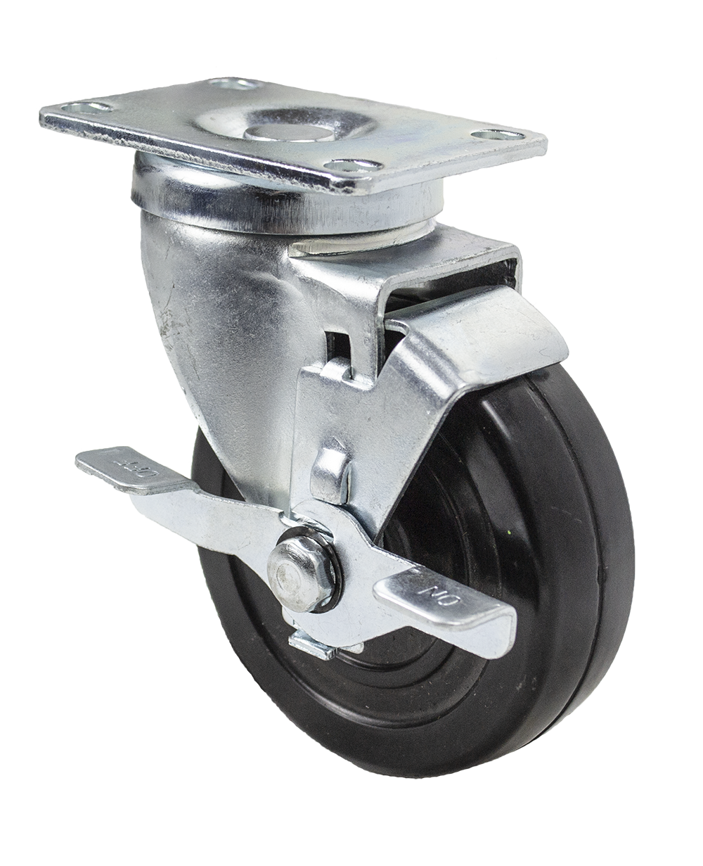Caster; Swivel; 4" x 1-1/4"; Phenolic; Plate (2-1/2"x3-5/8"; holes: 1-3/4"x2-7/8" slotted to 3"; 5/16" bolt); Zinc; Steel Spanner; 350#; Dust Cover (Mtl); Brake (Item #63417)