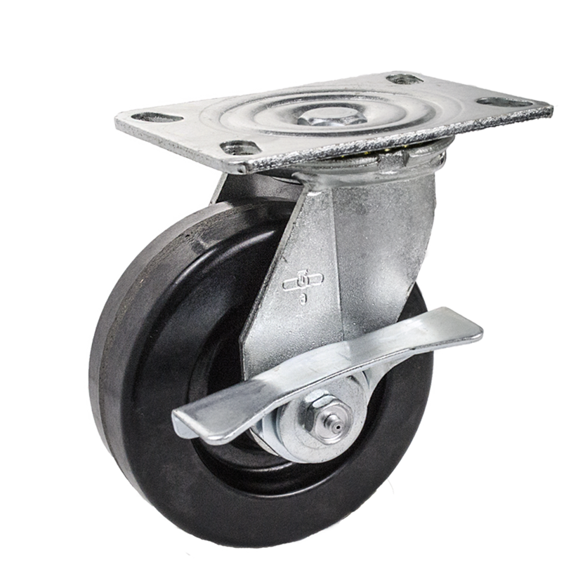 Caster; Swivel; 8 x 2; Phenolic; Plate; 4-1/2x6-1/4; hole spacing: 2-7/16x4-15/16 (slotted to 3-3/8x5-1/4); 1/2 bolt; Zinc; Roller Brng; 1400#; Cam Brake (Item #66085)