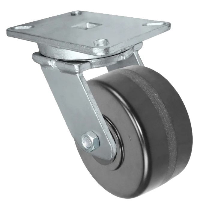 Caster; Swivel; 10" x 2-1/2"; Phenolic; Plate (4-1/2"x6-1/4"; holes: 2-7/16"x4-15/16" slotted to 3-3/8"x5-1/4"; 1/2" bolt); Zinc; Roller Brng; 2200# (Item #63013)