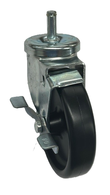 Caster; Swivel; 5" x 1-1/4"; Polyolefin; Grip Ring (7/16" x 1-1/4"); Zinc; Plain bore; 300#; Tread brake; Metal Dust cover (Item #65391)