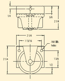 (image for) Caster; Rigid; 2" x 7/8"; Polyolefin; Side Mount Plate (1-3/4" x 2-1/4": 2 side holes 1-13/16 apart; 1 bottom hole; 3/16" bolt; Extends 9/16"); 100# (Item #66587)