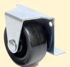 Caster; Rigid; 2" x 7/8"; Polyolefin; Side Mount Plate (1-3/4" x 2-1/4": 2 side holes 1-13/16 apart; 1 bottom hole;  3/16" bolt; Extends 9/16"); 100# (Item #66587)