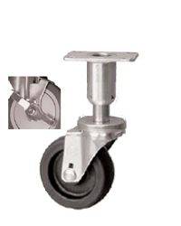 Leveling Caster; Swivel; 3"x1-1/4"; Polyolefin; Plate (2-3/8"x3-5/8"; holes: 1-3/4x2-7/8 slots to 3; 5/16 bolt); 300#; Load height: 6.06" - 6.81"; Brake (Item #66964)